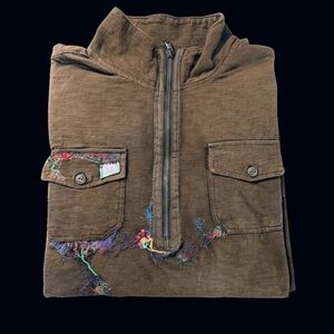 Converse One Star Brown Pullover Upycled with Multicolor Embroidery Size M